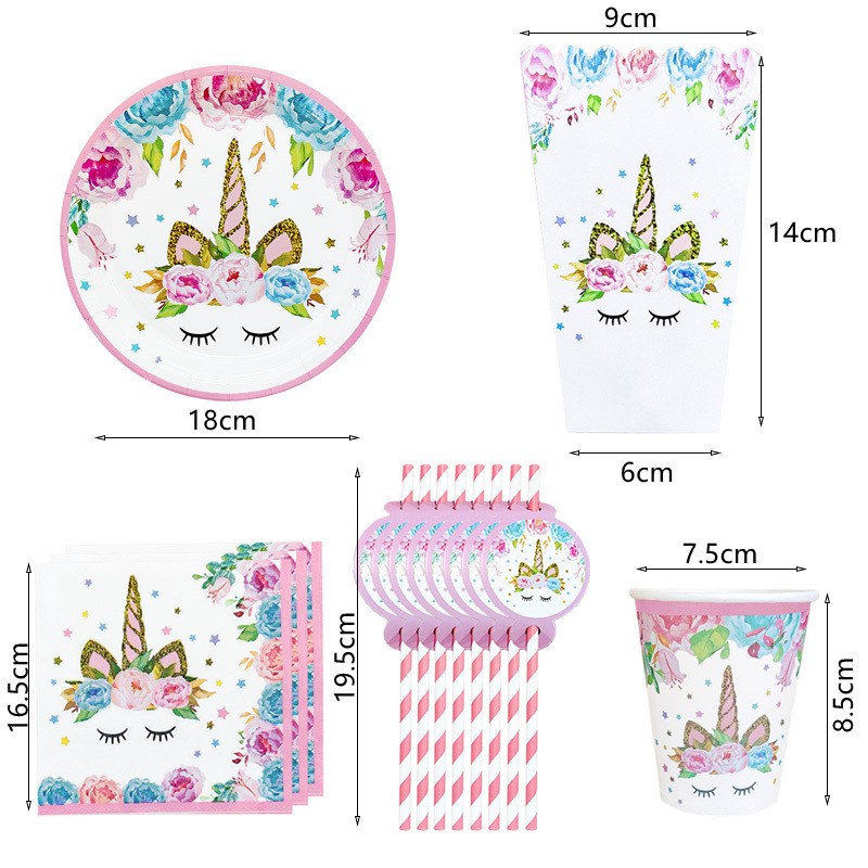 Ükssarviku peokaunistus Sünnipäevapeo kaunistus Lapsele Ükssarviku ühekordsed lauanõude komplekt Beebi dušš Tüdruku sünnipäevapeotarbed