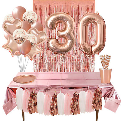 Розово злато 18 27 30 35 40 50 60 Фолиеви балони сърма ресни завеси Покривка за маса Сламки за напитки Декорация за 30-ти 40-ти рожден ден