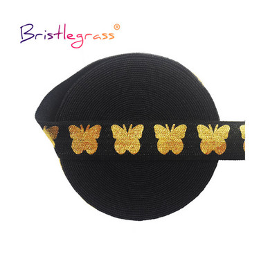 BRISTLEGRASS 2 5 10 Yard 5/8" 15mm Folie de imprimare cu fluture auriu Elastice FOE Spandex Bandă bandă pentru cravată de păr Trim pentru cusut rochie