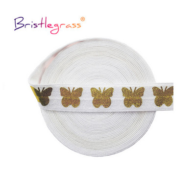 BRISTLEGRASS 2 5 10 Yard 5/8" 15mm Folie de imprimare cu fluture auriu Elastice FOE Spandex Bandă bandă pentru cravată de păr Trim pentru cusut rochie