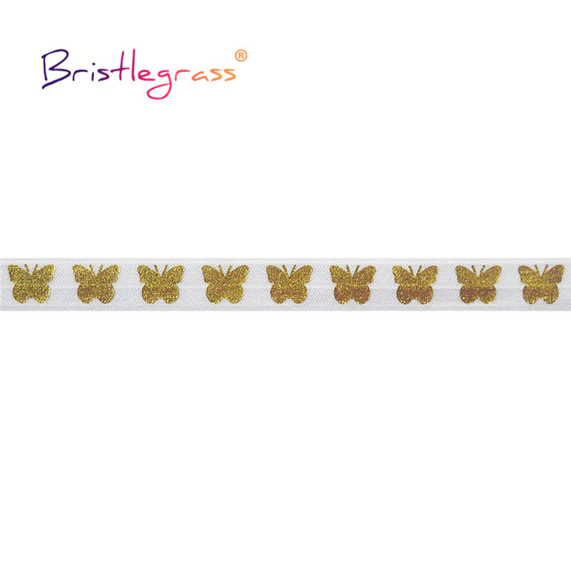 BRISTLEGRASS 2 5 10 Yard 5/8" 15mm Folie de imprimare cu fluture auriu Elastice FOE Spandex Bandă bandă pentru cravată de păr Trim pentru cusut rochie