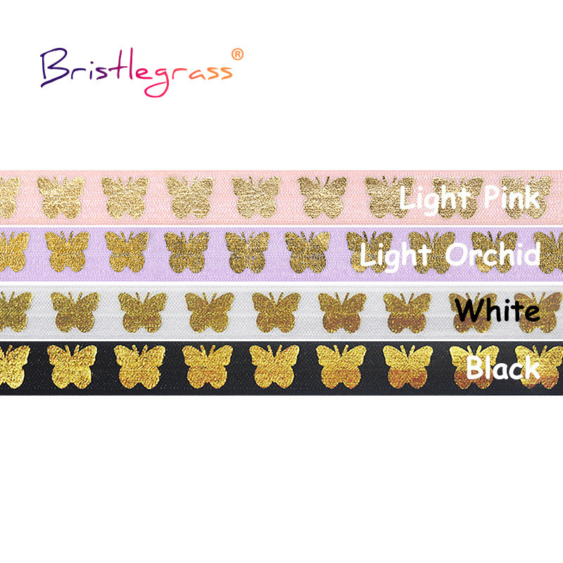 BRISTLEGRASS 2 5 10 Yard 5/8" 15mm Folie de imprimare cu fluture auriu Elastice FOE Spandex Bandă bandă pentru cravată de păr Trim pentru cusut rochie