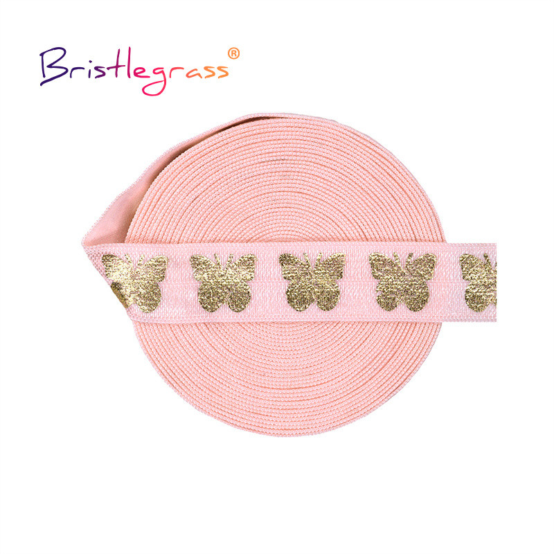 BRISTLEGRASS 2 5 10 Yard 5/8" 15mm Folie de imprimare cu fluture auriu Elastice FOE Spandex Bandă bandă pentru cravată de păr Trim pentru cusut rochie