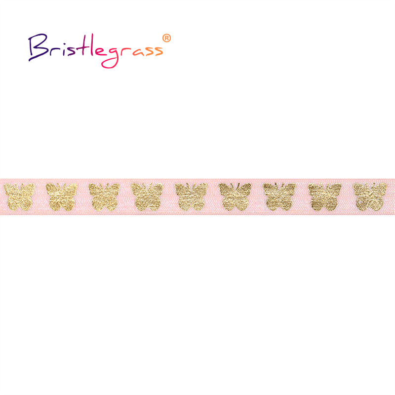 BRISTLEGRASS 2 5 10 Yard 5/8" 15mm Folie de imprimare cu fluture auriu Elastice FOE Spandex Bandă bandă pentru cravată de păr Trim pentru cusut rochie