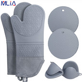 Itin ilgų orkaitės pirštinių ir puodų laikiklių rinkiniai: karščiui atsparios silikoninės orkaitės kumštinės pirštinės su mažomis orkaitės pirštinėmis ir karštų pagalvėlių puodų laikikliais