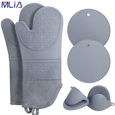 Itin ilgų orkaitės pirštinių ir puodų laikiklių rinkiniai: karščiui atsparios silikoninės orkaitės kumštinės pirštinės su mažomis orkaitės pirštinėmis ir karštų pagalvėlių puodų laikikliais