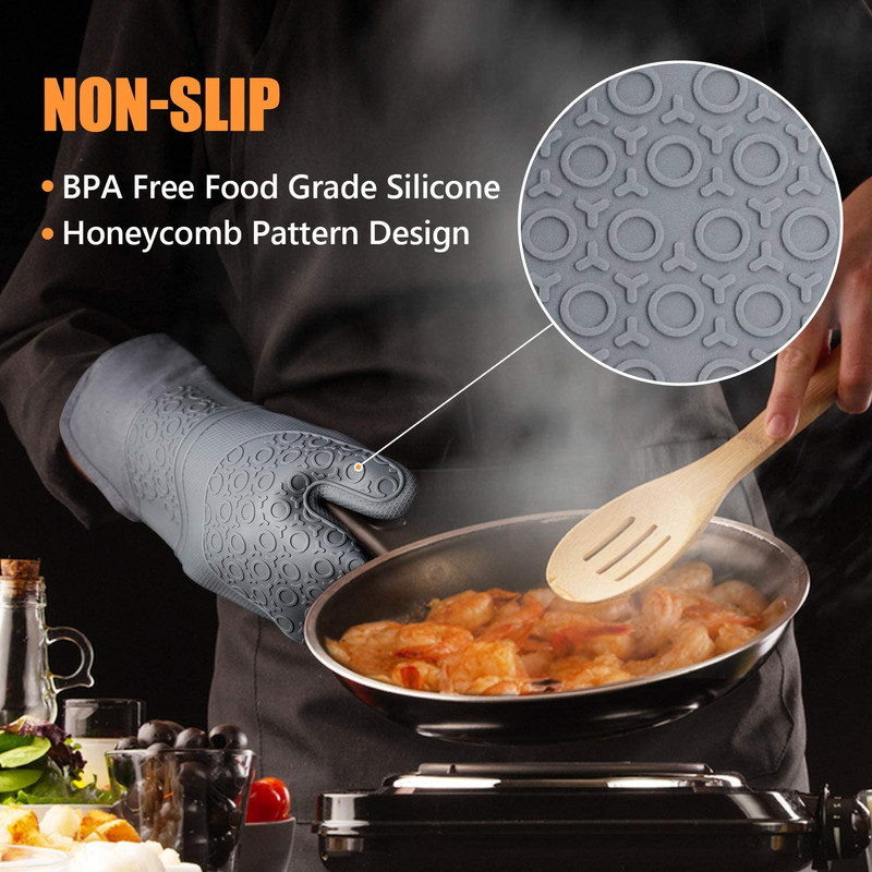 Itin ilgų orkaitės pirštinių ir puodų laikiklių rinkiniai: karščiui atsparios silikoninės orkaitės kumštinės pirštinės su mažomis orkaitės pirštinėmis ir karštų pagalvėlių puodų laikikliais