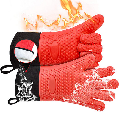2 τμχ Μακριά γάντια κουζίνας σιλικόνης Γάντια ψησταριάς μπάρμπεκιου Γάντια φούρνου μικροκυμάτων ανθεκτικά στη θερμότητα με βαμβακερή επένδυση Γάντια μαγειρικής ψησίματος