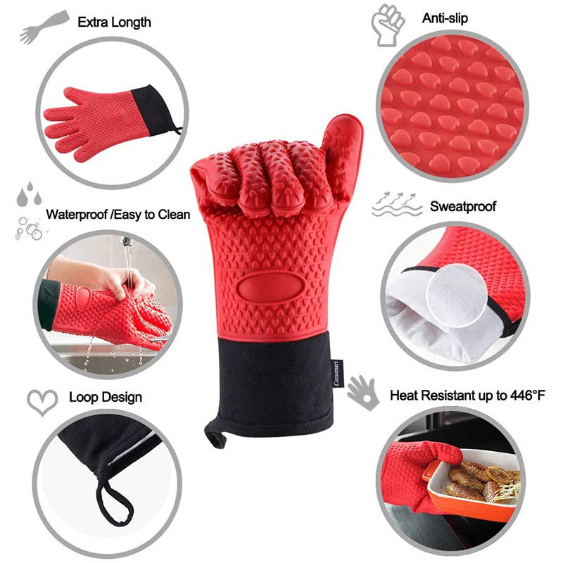 2vnt ilgos silikoninės virtuvės pirštinės ant grotelių kepsninės pirštinės karščiui atsparios mikrobangų krosnelės pirštinės su medvilniniu pamušalu. Kepimo kepimo pirštinės