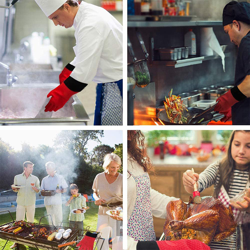 2vnt ilgos silikoninės virtuvės pirštinės ant grotelių kepsninės pirštinės karščiui atsparios mikrobangų krosnelės pirštinės su medvilniniu pamušalu. Kepimo kepimo pirštinės
