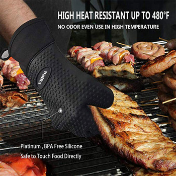 WALFOS 1 бр. Дълги силиконови кухненски ръкавици Ръкавици за грил барбекю Топлоустойчиви готварски ръкавици за печене на грил ръкавици за микровълнова фурна