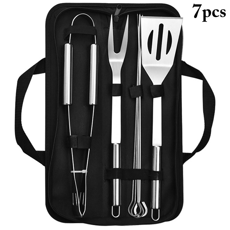 7gab. Barbekjū piederumu komplekts Ergonomisks nerūsējošā tērauda bārbekjū iesmu grila dakšiņu virpotājs Ēdiena knaibles BBQ kempinga pasniegšanas knaibles