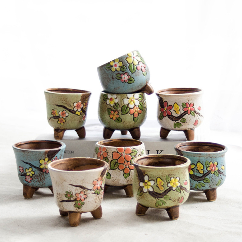 Antikvariniai keraminiai vazonai Grynai rankomis dažyti gėlių vazonai Fairy Garden Dekoracija Bonsai Planter Namų biuro dekoras Mini sultingi vazonai