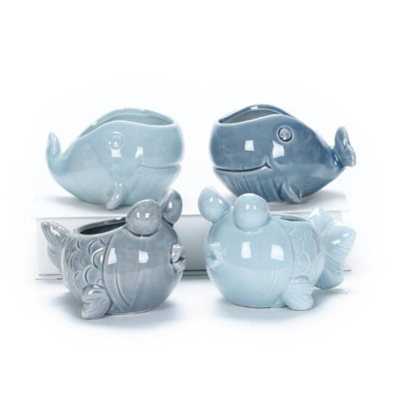 Ευρωπαϊκό στυλ Χαριτωμένη σαρκώδη γλάστρα Pocelain Blue Fish Flower Vase Home Garden Μίνι μπονσάι κάκτου γλάστρα για διακόσμηση σπιτιού
