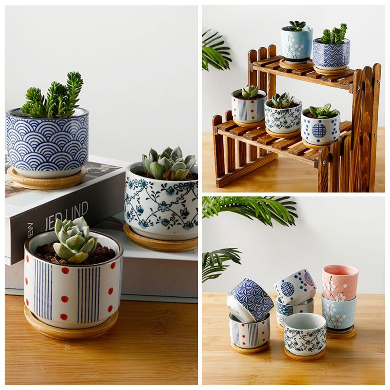 Ghiveci de flori cu tavă de bambus, lot de ceramică în stil japonez, mini-ghiveci suculente de ciment, bonsai, jardinieră de acasă, decor de grădină