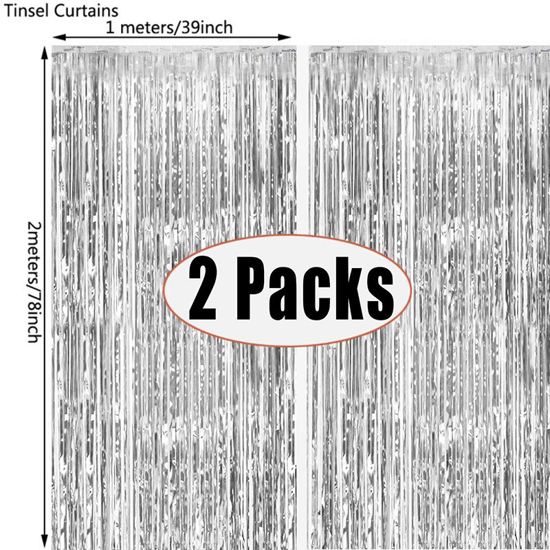 2Pack 1X2M Sidabrinės metalinės folijos blizgučiai su kutais užuolaidos fonas Gimtadienio vestuvių mergvakario dekoravimas suaugusiems