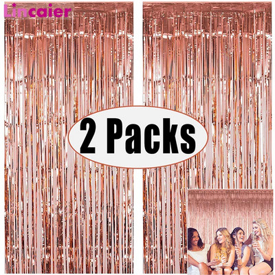 2Pack Metallic Foil Tinsel Fringe Curtain Birthday Wedding Bachelorette Party Decoration Anniversary Backdrop Valentines Day