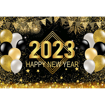 Happy New Year Backdrop for 2023 Glitter Fireworks Balloons Champagne Photocall Καλώς ορίσατε Διακοσμήσεις φόντου για πάρτι για το νέο έτος
