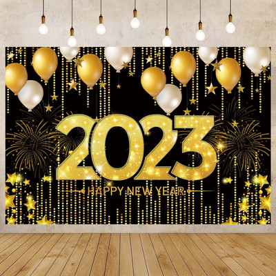 Happy New Year Backdrop for 2023 Glitter Fireworks Balloons Champagne Photocall Καλώς ορίσατε Διακοσμήσεις φόντου για πάρτι για το νέο έτος