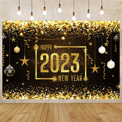 Happy New Year Backdrop for 2023 Glitter Fireworks Balloons Champagne Photocall Καλώς ορίσατε Διακοσμήσεις φόντου για πάρτι για το νέο έτος