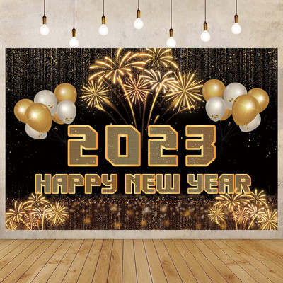 Happy New Year Backdrop for 2023 Glitter Fireworks Balloons Champagne Photocall Καλώς ορίσατε Διακοσμήσεις φόντου για πάρτι για το νέο έτος