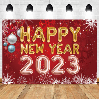 Happy New Year Backdrop for 2023 Glitter Fireworks Balloons Champagne Photocall Καλώς ορίσατε Διακοσμήσεις φόντου για πάρτι για το νέο έτος