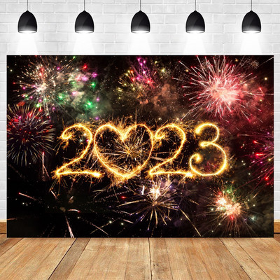 Happy New Year Backdrop for 2023 Glitter Fireworks Balloons Champagne Photocall Καλώς ορίσατε Διακοσμήσεις φόντου για πάρτι για το νέο έτος