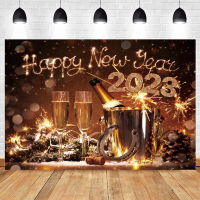 Happy New Year Backdrop for 2023 Glitter Fireworks Balloons Champagne Photocall Καλώς ορίσατε Διακοσμήσεις φόντου για πάρτι για το νέο έτος