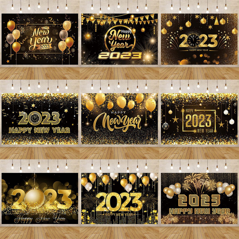 Happy New Year Backdrop for 2023 Glitter Fireworks Balloons Champagne Photocall Καλώς ορίσατε Διακοσμήσεις φόντου για πάρτι για το νέο έτος