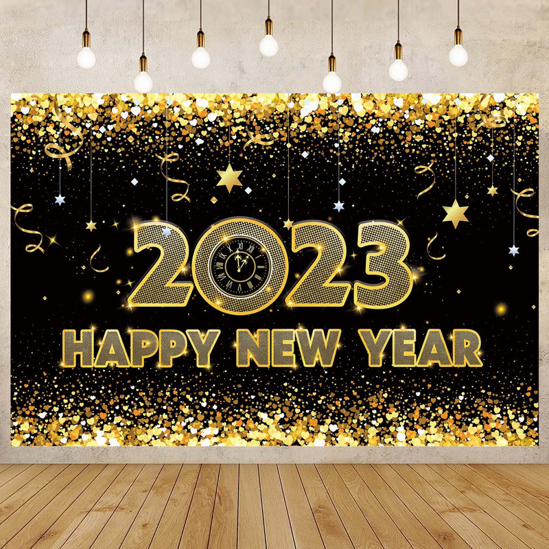 Happy New Year Backdrop for 2023 Glitter Fireworks Balloons Champagne Photocall Καλώς ορίσατε Διακοσμήσεις φόντου για πάρτι για το νέο έτος