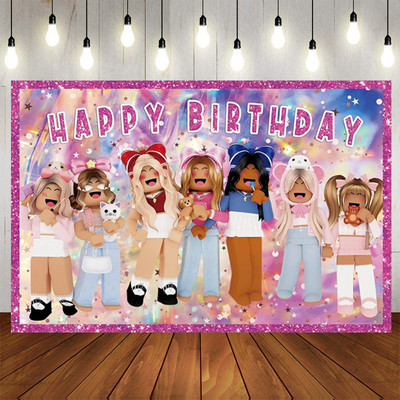 Ružičasti robot blokira pozadinu rođendana Prilagodite pozadinu kabine za fotografije Robloxed Girls Sretan rođendan Dekoracija Photocall