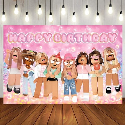 Ružičasti robot blokira pozadinu rođendana Prilagodite pozadinu kabine za fotografije Robloxed Girls Sretan rođendan Dekoracija Photocall