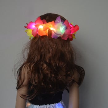 1 бр. Жени Момиче LED Хавайски Хавайски лей лента за глава Glow Light up Flower Crown Wreath Birthday Wedding Party Festival Christmas