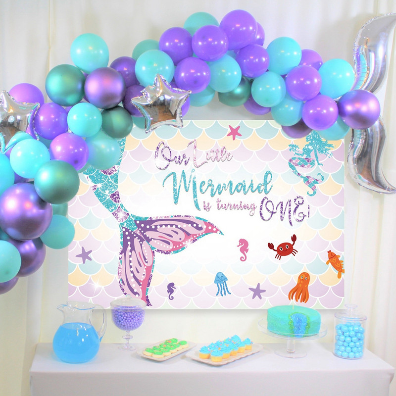 Γοργόνα με σκηνικά φωτογραφία για στολίδια πάρτι γενεθλίων Παιδικό κοριτσάκι Γοργόνα ουρά Photocall Φόντο με κοχύλι βυθού