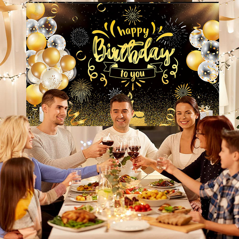 Zlatna svjetlucava pozadina za zabavu za sretan rođendan za fotografije. Crna pozadina za zabavu za sretan rođendan za odrasle. Potrepštine za dekoraciju za zabavu. Uradi sam
