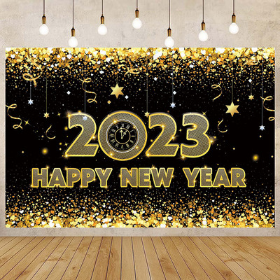 Mustkuldne uusaastakaunistuste taustal riidebänner Head uut aastat tähistamise kaunistus 2023 Häid jõule kaunistused koju