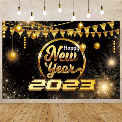 Mustkuldne uusaastakaunistuste taustal riidebänner Head uut aastat tähistamise kaunistus 2023 Häid jõule kaunistused koju