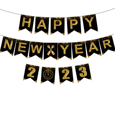 Mustkuldne uusaastakaunistuste taustal riidebänner Head uut aastat tähistamise kaunistus 2023 Häid jõule kaunistused koju