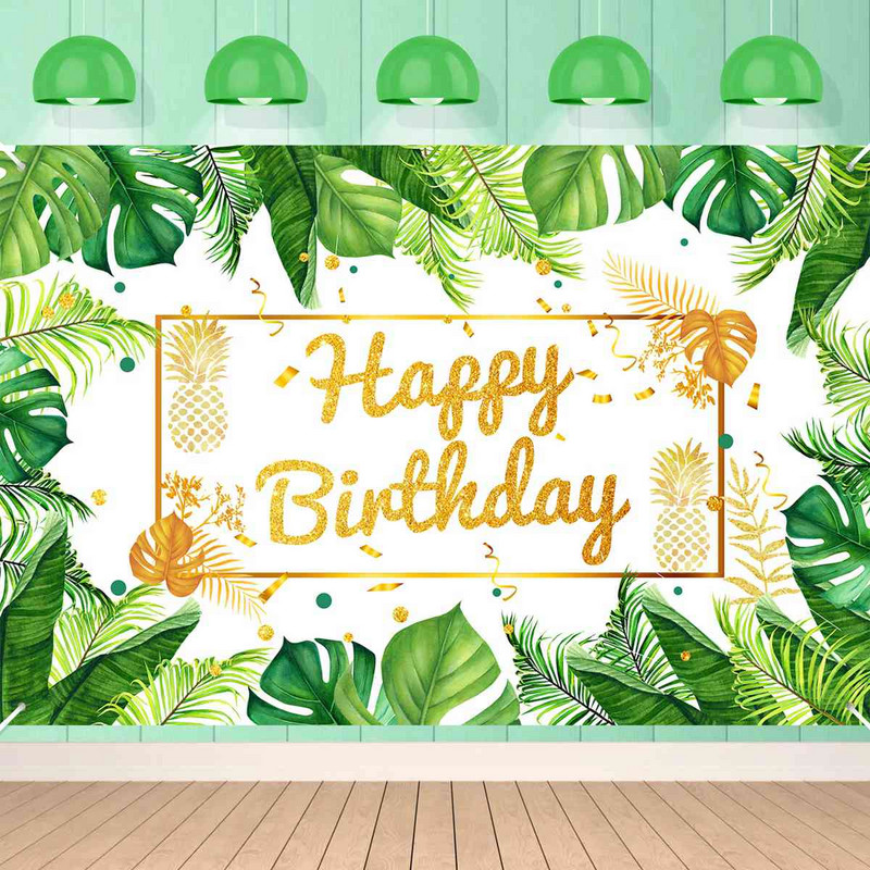 Hawaiian Luau Rođendanska pozadina za zabavu Jungle Green Gold Leaves Rođendanske dekoracije Pozadina foto kabine Potrepštine za zabavu