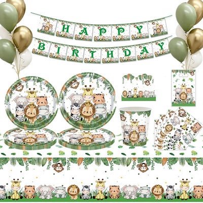Set Vesela Animal Jungle Pentru Copii Decoratiuni pentru petreceri aniversare Farfurii din hartie Cupe Baloane Latex