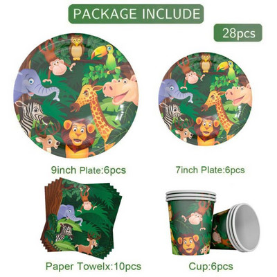 Džiunglių gyvūnai Vienkartiniai stalo reikmenų rinkiniai Vaikams Kūdikių dušas Miško tema 1-ojo gimtadienio vakarėlio dekoravimo lėkštės puodelis Safari vakarėlio reikmenys