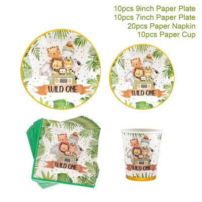 Džiunglių gyvūnai Vienkartiniai stalo reikmenų rinkiniai Vaikams Kūdikių dušas Miško tema 1-ojo gimtadienio vakarėlio dekoravimo lėkštės puodelis Safari vakarėlio reikmenys