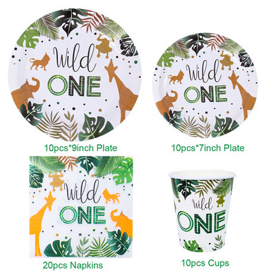 Džiunglių gyvūnai Vienkartiniai stalo reikmenų rinkiniai Vaikams Kūdikių dušas Miško tema 1-ojo gimtadienio vakarėlio dekoravimo lėkštės puodelis Safari vakarėlio reikmenys