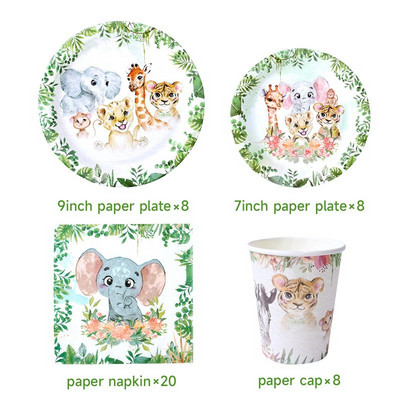 Džiunglių gyvūnai Vienkartiniai stalo reikmenų rinkiniai Vaikams Kūdikių dušas Miško tema 1-ojo gimtadienio vakarėlio dekoravimo lėkštės puodelis Safari vakarėlio reikmenys