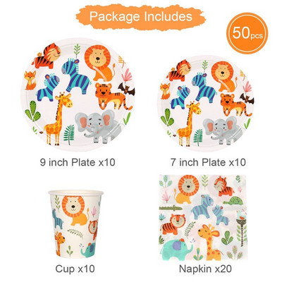 Džiunglių gyvūnai Vienkartiniai stalo reikmenų rinkiniai Vaikams Kūdikių dušas Miško tema 1-ojo gimtadienio vakarėlio dekoravimo lėkštės puodelis Safari vakarėlio reikmenys