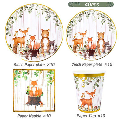 Džiunglių gyvūnai Vienkartiniai stalo reikmenų rinkiniai Vaikams Kūdikių dušas Miško tema 1-ojo gimtadienio vakarėlio dekoravimo lėkštės puodelis Safari vakarėlio reikmenys