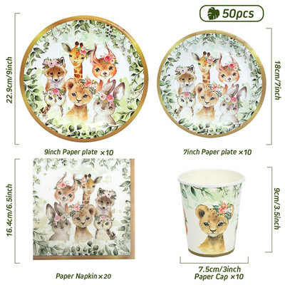 Džiunglių gyvūnai Vienkartiniai stalo reikmenų rinkiniai Vaikams Kūdikių dušas Miško tema 1-ojo gimtadienio vakarėlio dekoravimo lėkštės puodelis Safari vakarėlio reikmenys