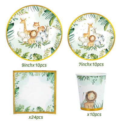 Džiunglių gyvūnai Vienkartiniai stalo reikmenų rinkiniai Vaikams Kūdikių dušas Miško tema 1-ojo gimtadienio vakarėlio dekoravimo lėkštės puodelis Safari vakarėlio reikmenys