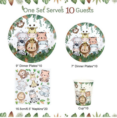 Džiunglių gyvūnai Vienkartiniai stalo reikmenų rinkiniai Vaikams Kūdikių dušas Miško tema 1-ojo gimtadienio vakarėlio dekoravimo lėkštės puodelis Safari vakarėlio reikmenys