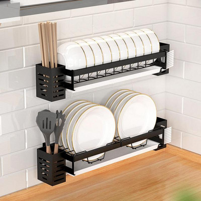 Dish Drainer Suspended Wall Drying Rack Kitchen Sink Organizer Bowl Plate Tableware Storage Shelf with Cutlery Holder Black
